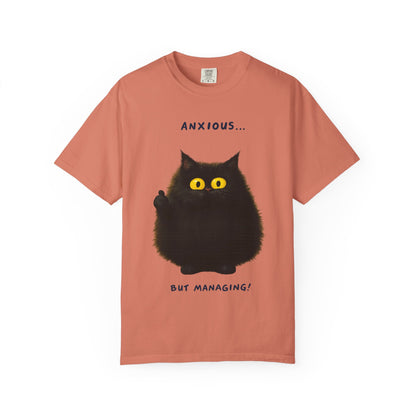 Whimsical Cat Tee - Anxious But Managing T-shirt, Cute Graphic Tee, Animal Lover Gift, Mental Health Awareness, Cozy Casual Wear
