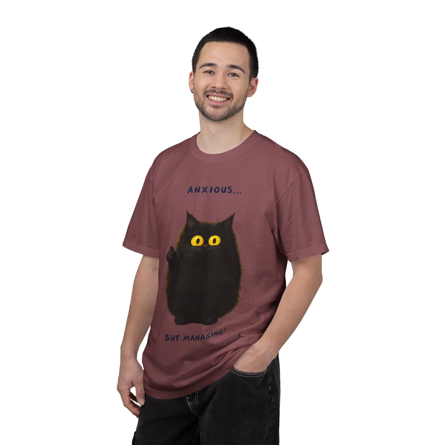 Whimsical Cat Tee - Anxious But Managing T-shirt, Cute Graphic Tee, Animal Lover Gift, Mental Health Awareness, Cozy Casual Wear