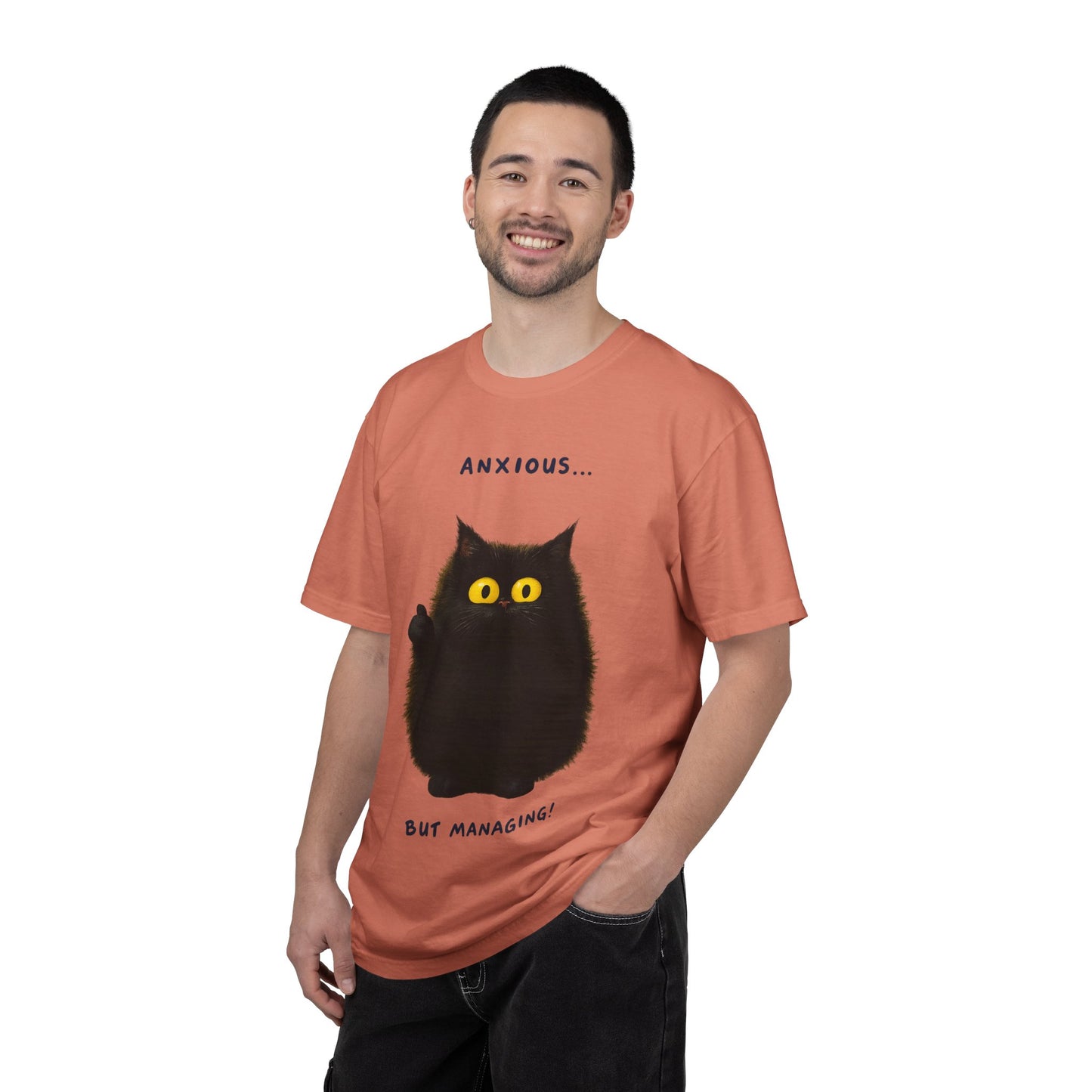 Whimsical Cat Tee - Anxious But Managing T-shirt, Cute Graphic Tee, Animal Lover Gift, Mental Health Awareness, Cozy Casual Wear