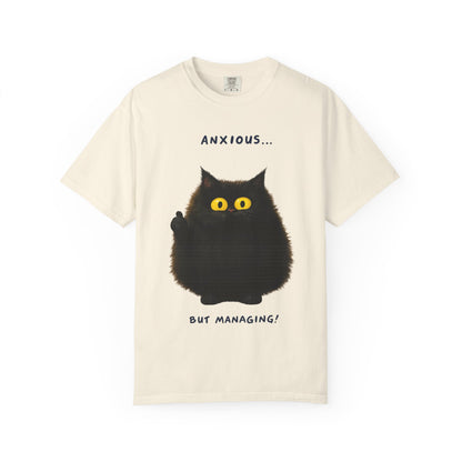 Whimsical Cat Tee - Anxious But Managing T-shirt, Cute Graphic Tee, Animal Lover Gift, Mental Health Awareness, Cozy Casual Wear