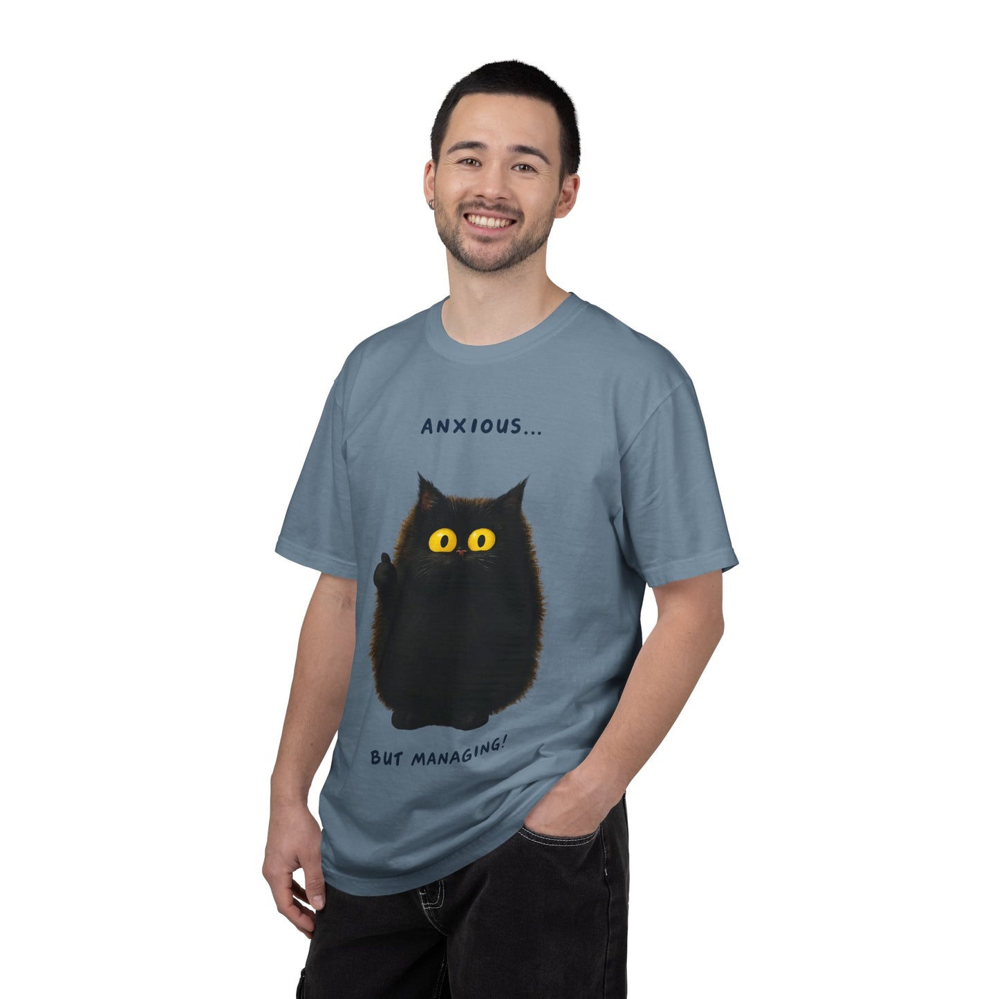 Whimsical Cat Tee - Anxious But Managing T-shirt, Cute Graphic Tee, Animal Lover Gift, Mental Health Awareness, Cozy Casual Wear