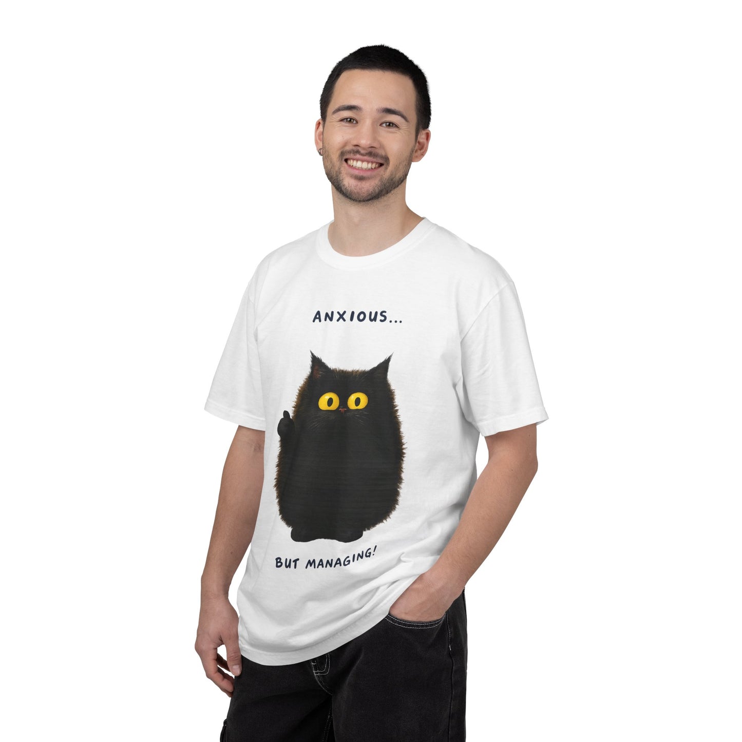 Whimsical Cat Tee - Anxious But Managing T-shirt, Cute Graphic Tee, Animal Lover Gift, Mental Health Awareness, Cozy Casual Wear
