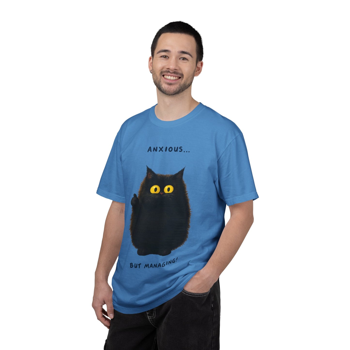 Whimsical Cat Tee - Anxious But Managing T-shirt, Cute Graphic Tee, Animal Lover Gift, Mental Health Awareness, Cozy Casual Wear