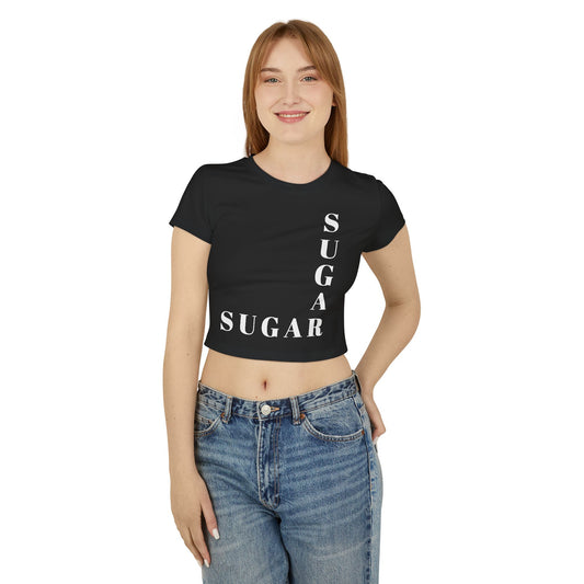 Sugar Graphic Baby Tee — Women’s Cropped Casual Tee with Vertical/Horizontal Text