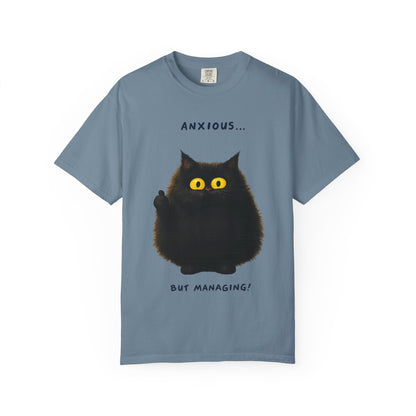 Whimsical Cat Tee - Anxious But Managing T-shirt, Cute Graphic Tee, Animal Lover Gift, Mental Health Awareness, Cozy Casual Wear