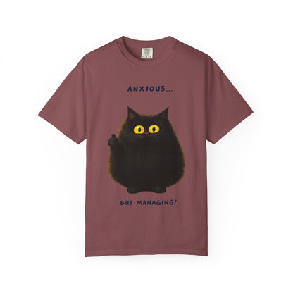 Whimsical Cat Tee - Anxious But Managing T-shirt, Cute Graphic Tee, Animal Lover Gift, Mental Health Awareness, Cozy Casual Wear