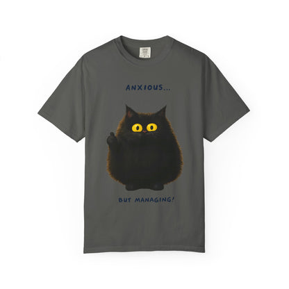 Whimsical Cat Tee - Anxious But Managing T-shirt, Cute Graphic Tee, Animal Lover Gift, Mental Health Awareness, Cozy Casual Wear