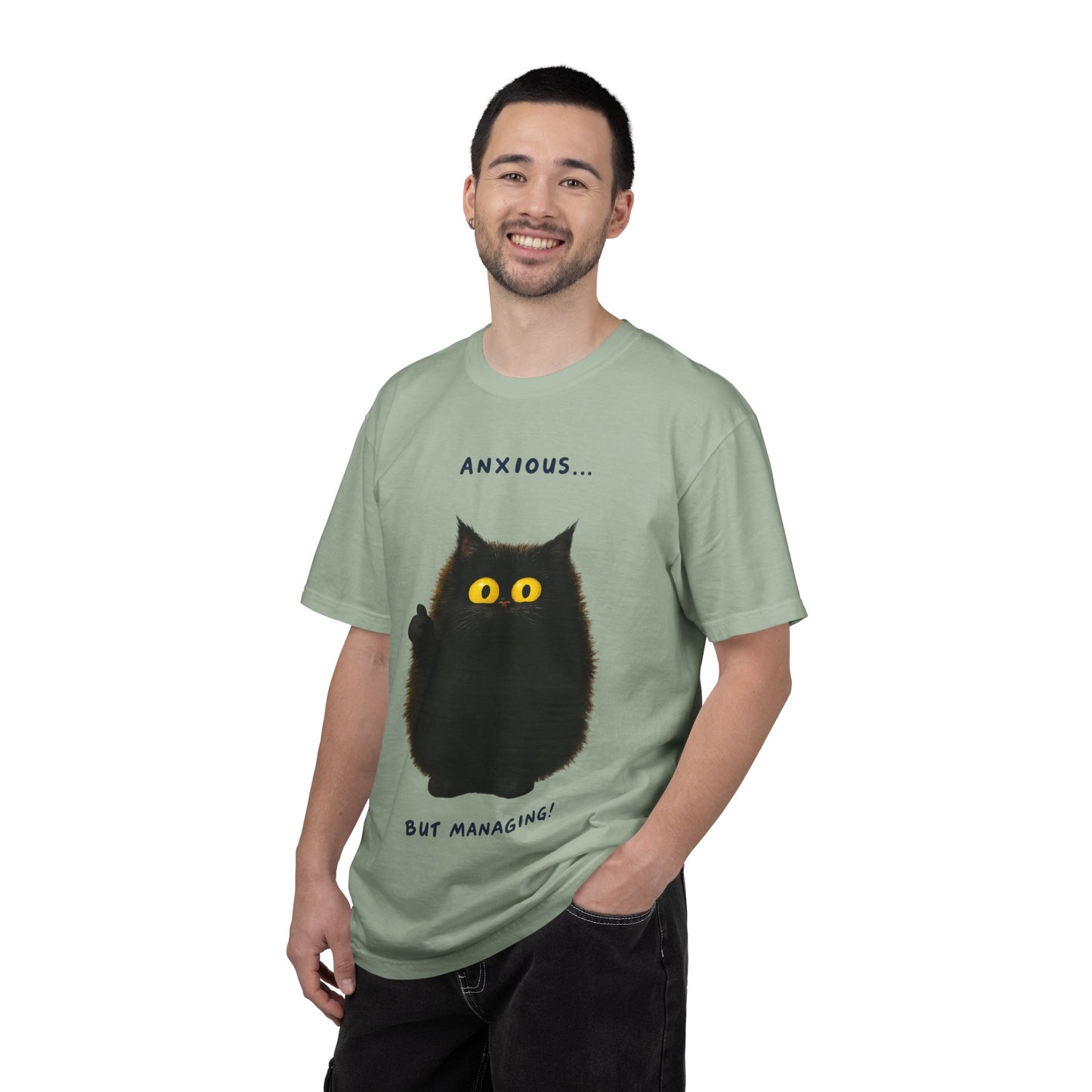 Whimsical Cat Tee - Anxious But Managing T-shirt, Cute Graphic Tee, Animal Lover Gift, Mental Health Awareness, Cozy Casual Wear