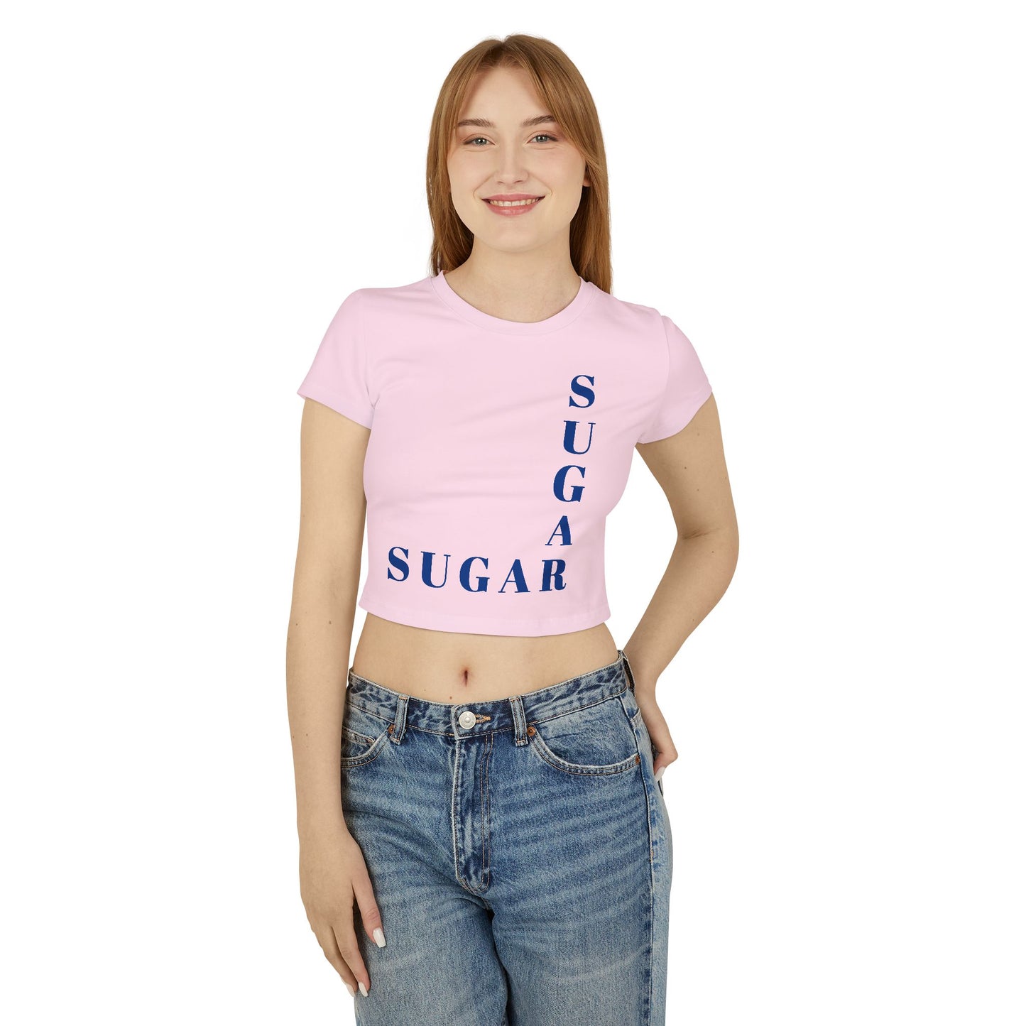 Sugar Graphic Baby Tee — Women’s Cropped Casual Tee with Vertical/Horizontal Text