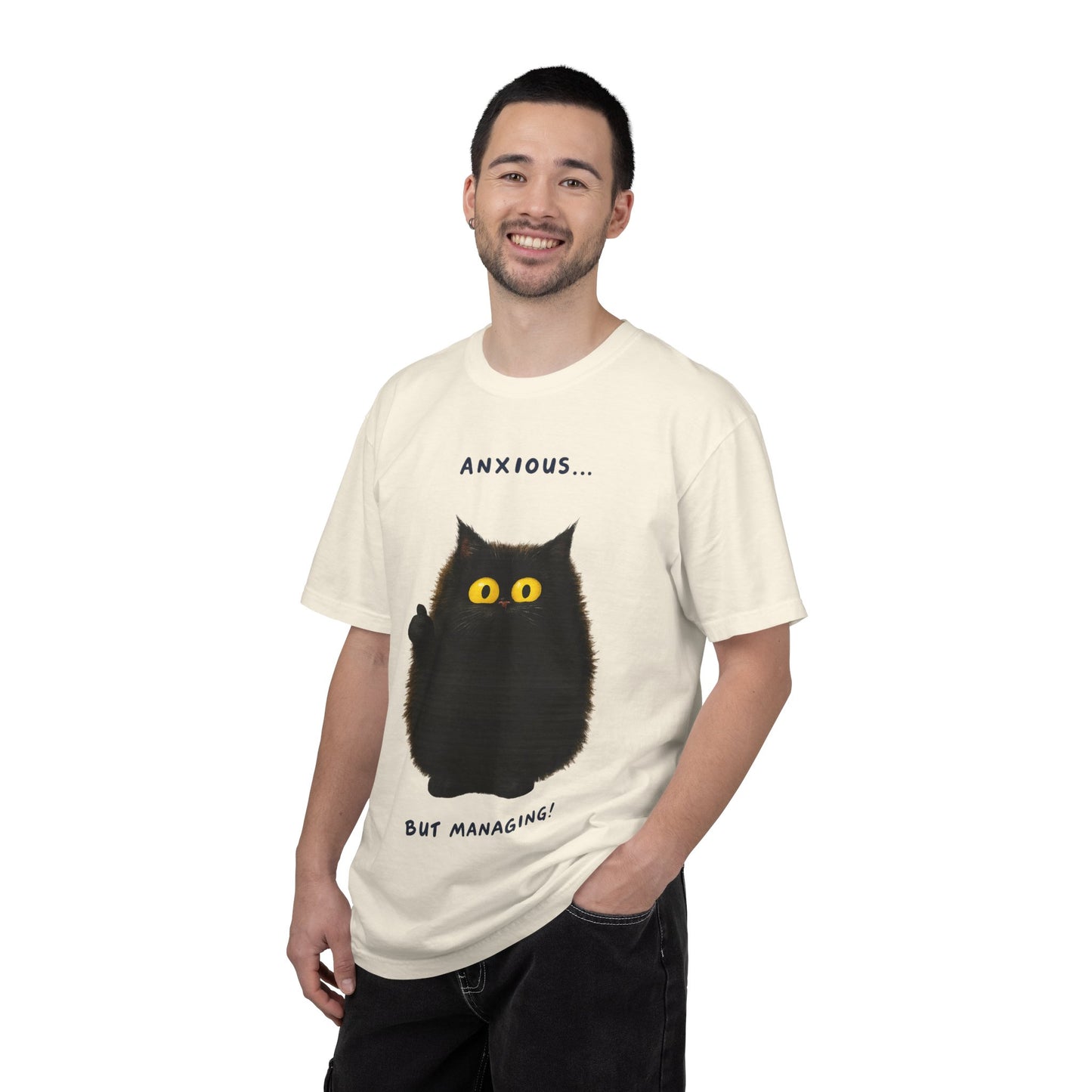 Whimsical Cat Tee - Anxious But Managing T-shirt, Cute Graphic Tee, Animal Lover Gift, Mental Health Awareness, Cozy Casual Wear