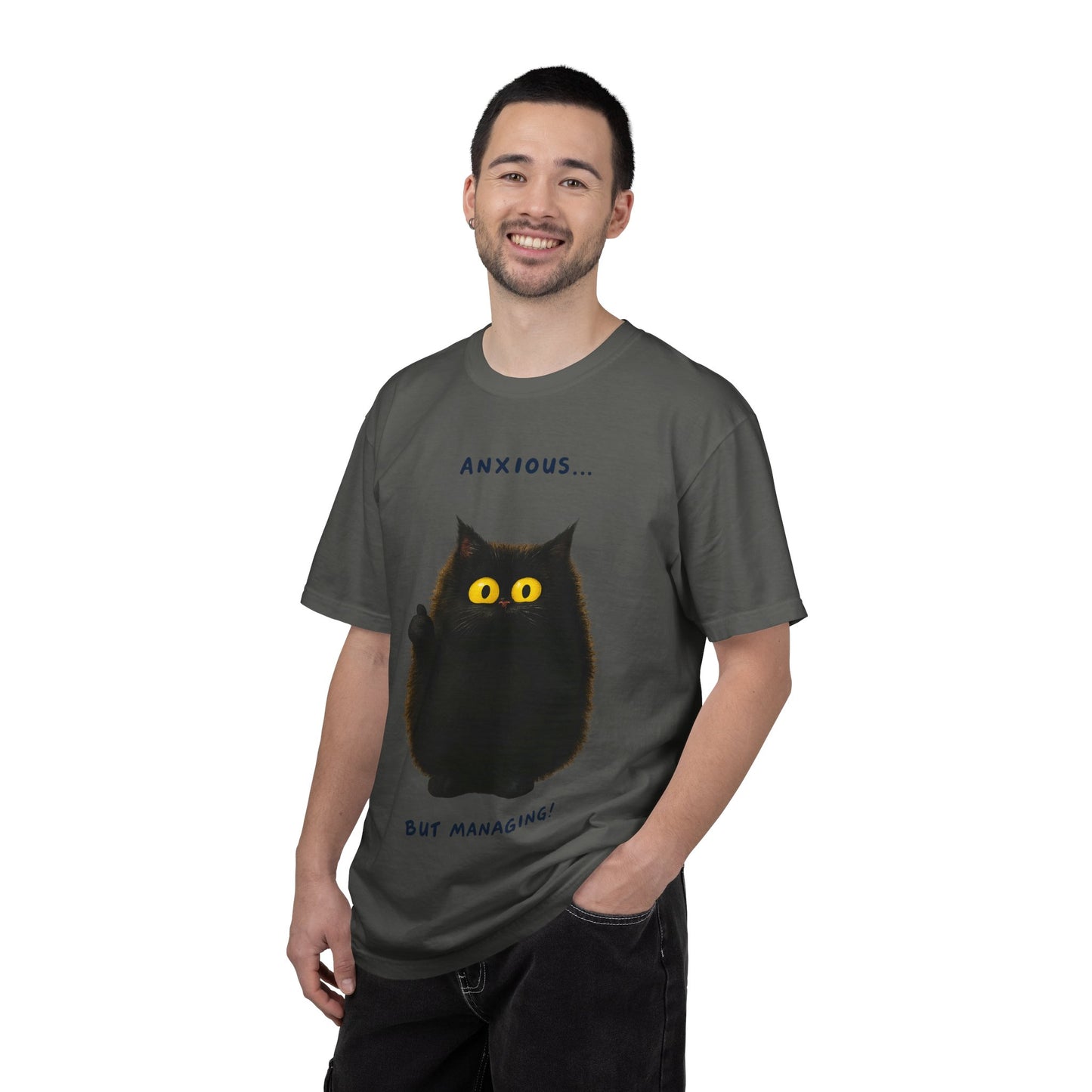 Whimsical Cat Tee - Anxious But Managing T-shirt, Cute Graphic Tee, Animal Lover Gift, Mental Health Awareness, Cozy Casual Wear